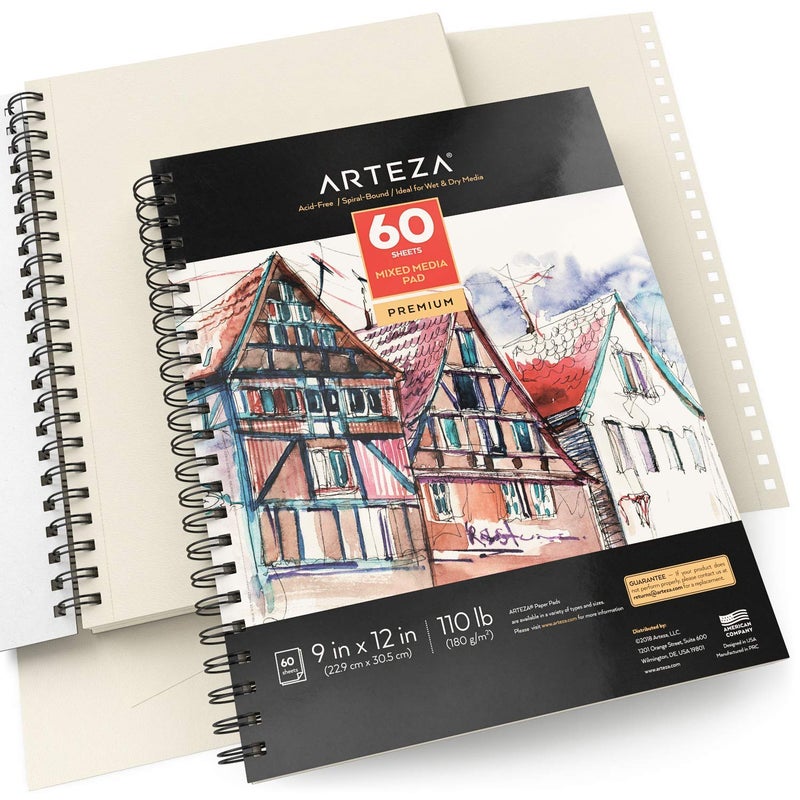 ARTEZA Mixed Media Sketchbook, 9x12 Inches â€“ 2-Pack, 60 Spiral-Bound Sheets, 110 lb Acid-Free Paper for Wet & Dry Media: Acrylic, Ink, Pencil & More - Image 3